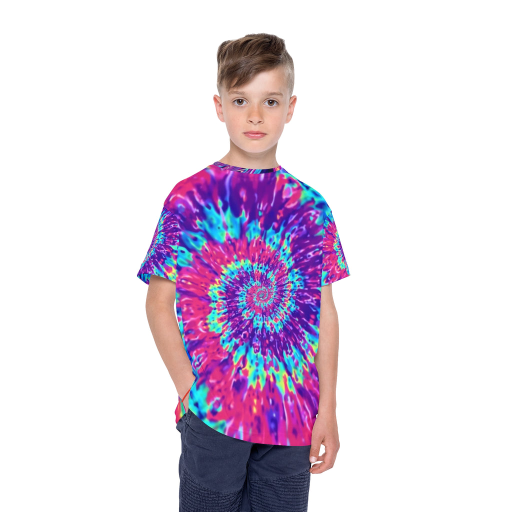 Kids Tie-Dye Spiral Sports Jersey — Vibrant Rainbow AOP Tee for Active Play