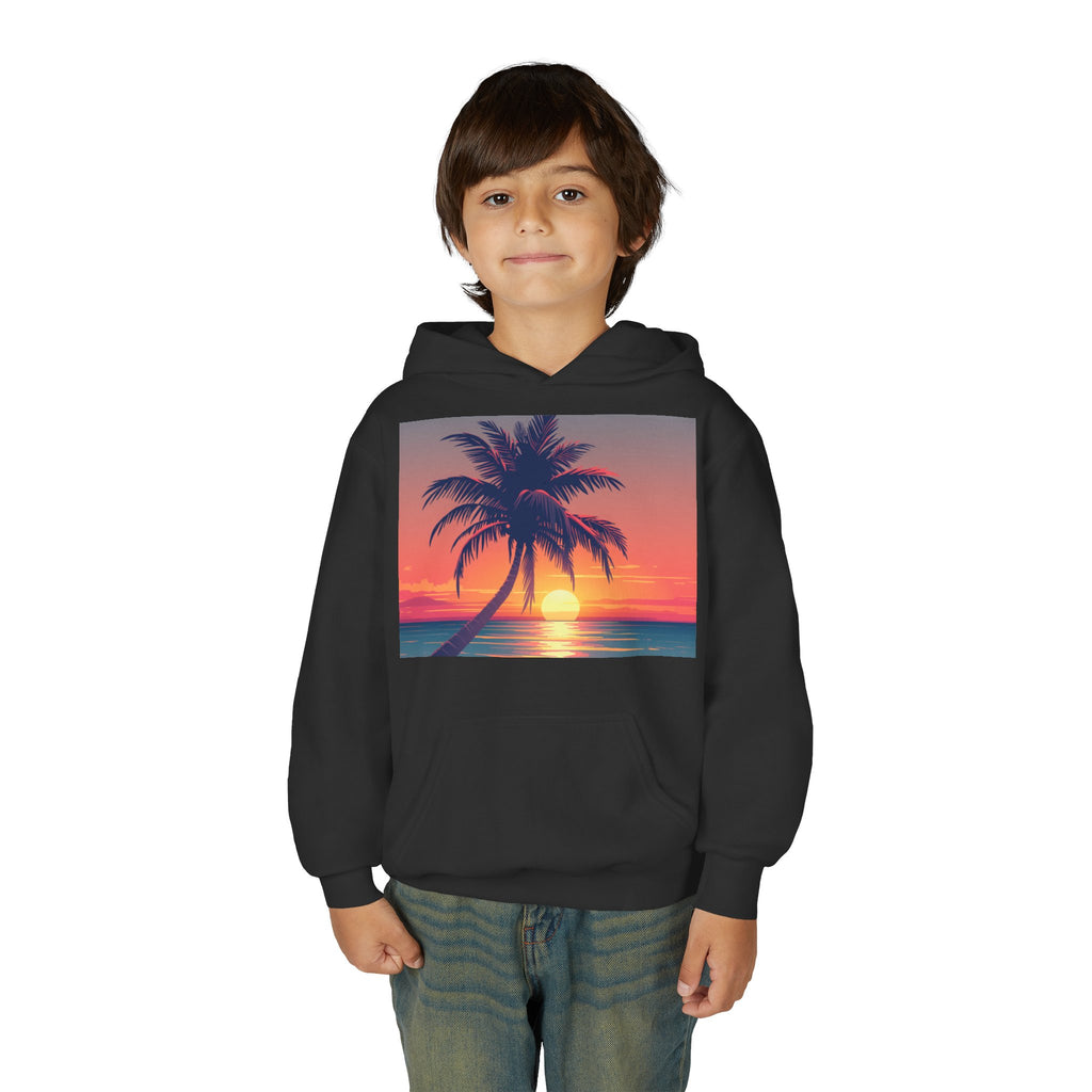 Youth Palm Sunset Hoodie — Tropical Beach Sunset Graphic Hoodie