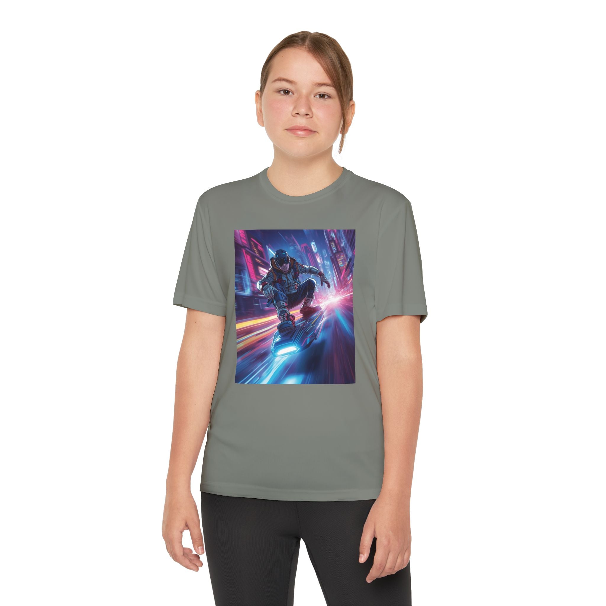 Cyber Skateboarder Youth Tee | Neon Futuristic Skate Art