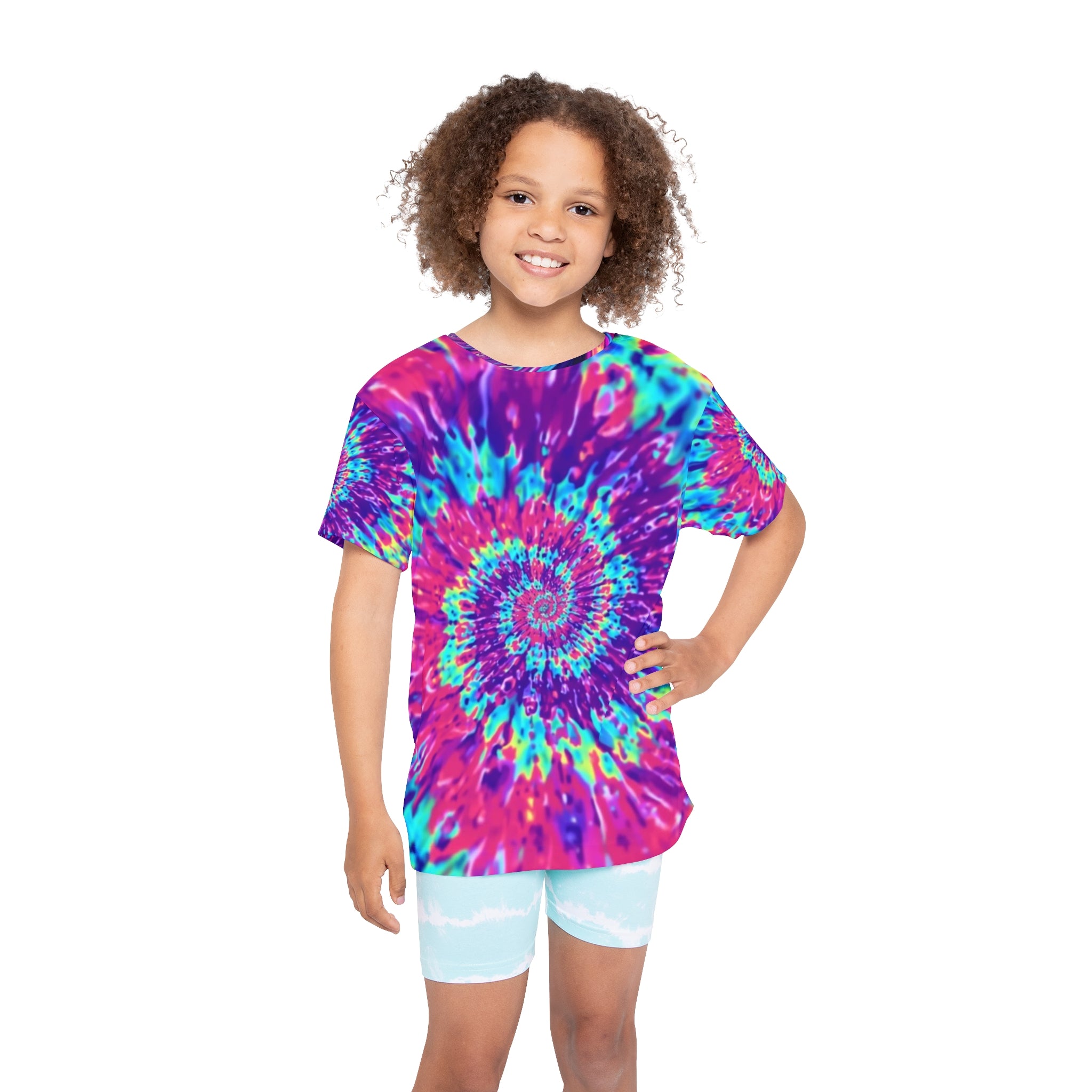 Kids Tie-Dye Spiral Sports Jersey — Vibrant Rainbow AOP Tee for Active Play