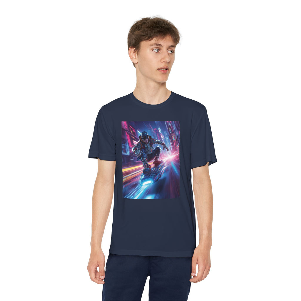 Cyber Skateboarder Youth Tee | Neon Futuristic Skate Art