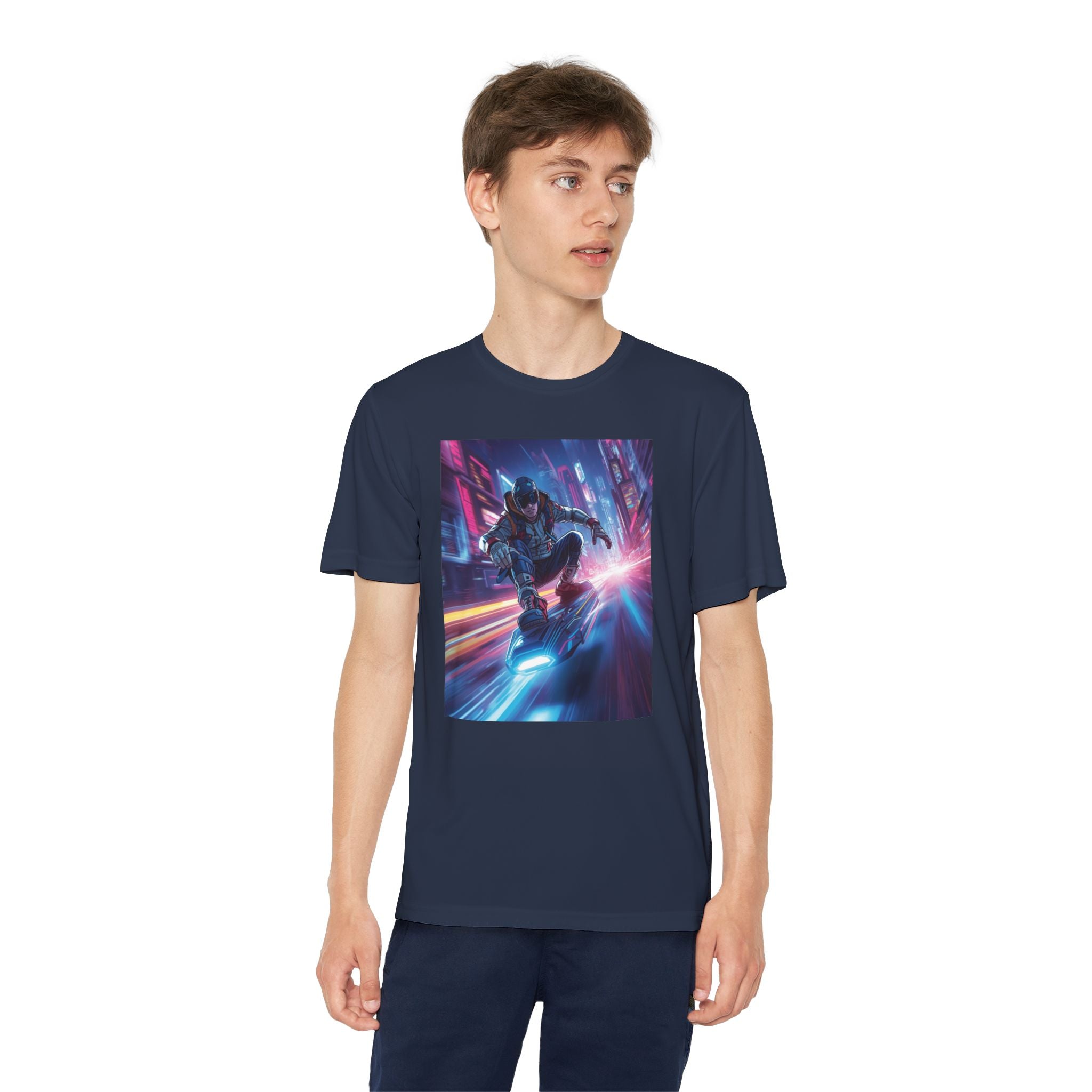 Cyber Skateboarder Youth Tee | Neon Futuristic Skate Art