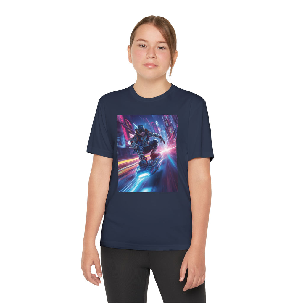 Cyber Skateboarder Youth Tee | Neon Futuristic Skate Art