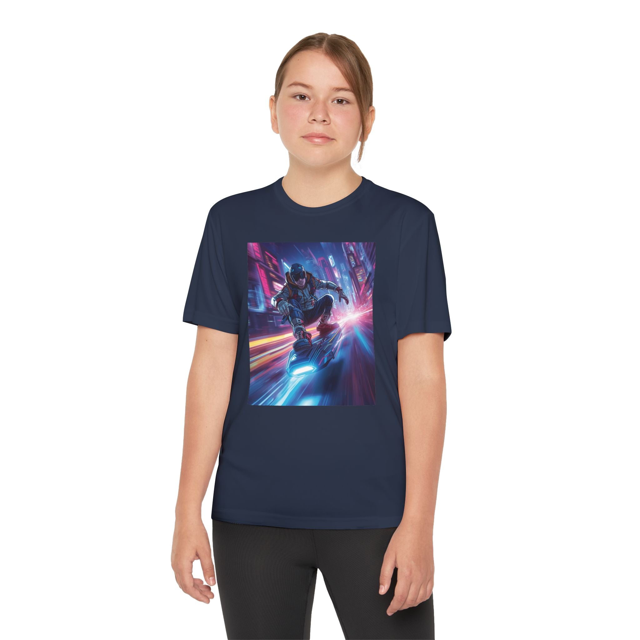 Cyber Skateboarder Youth Tee | Neon Futuristic Skate Art