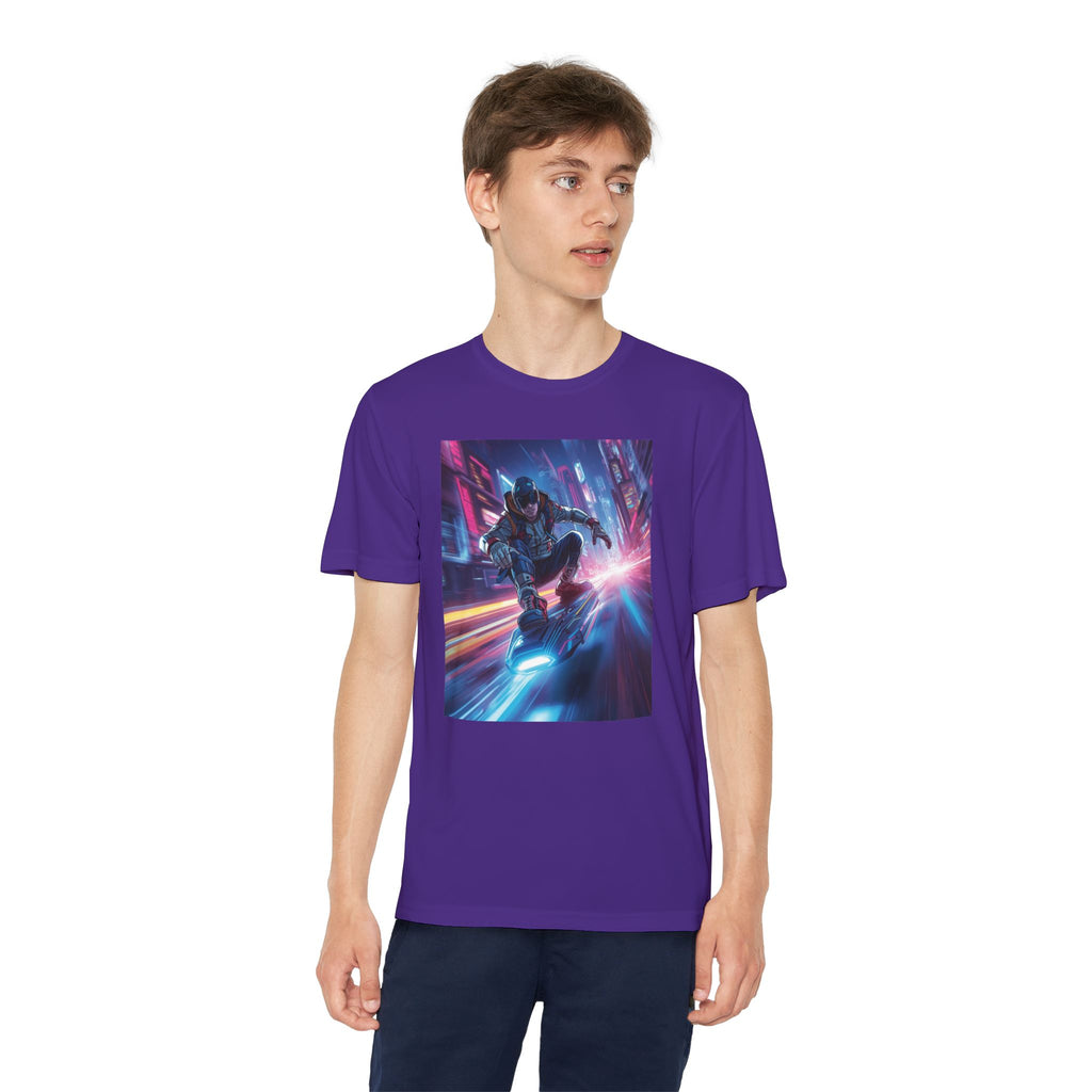 Cyber Skateboarder Youth Tee | Neon Futuristic Skate Art
