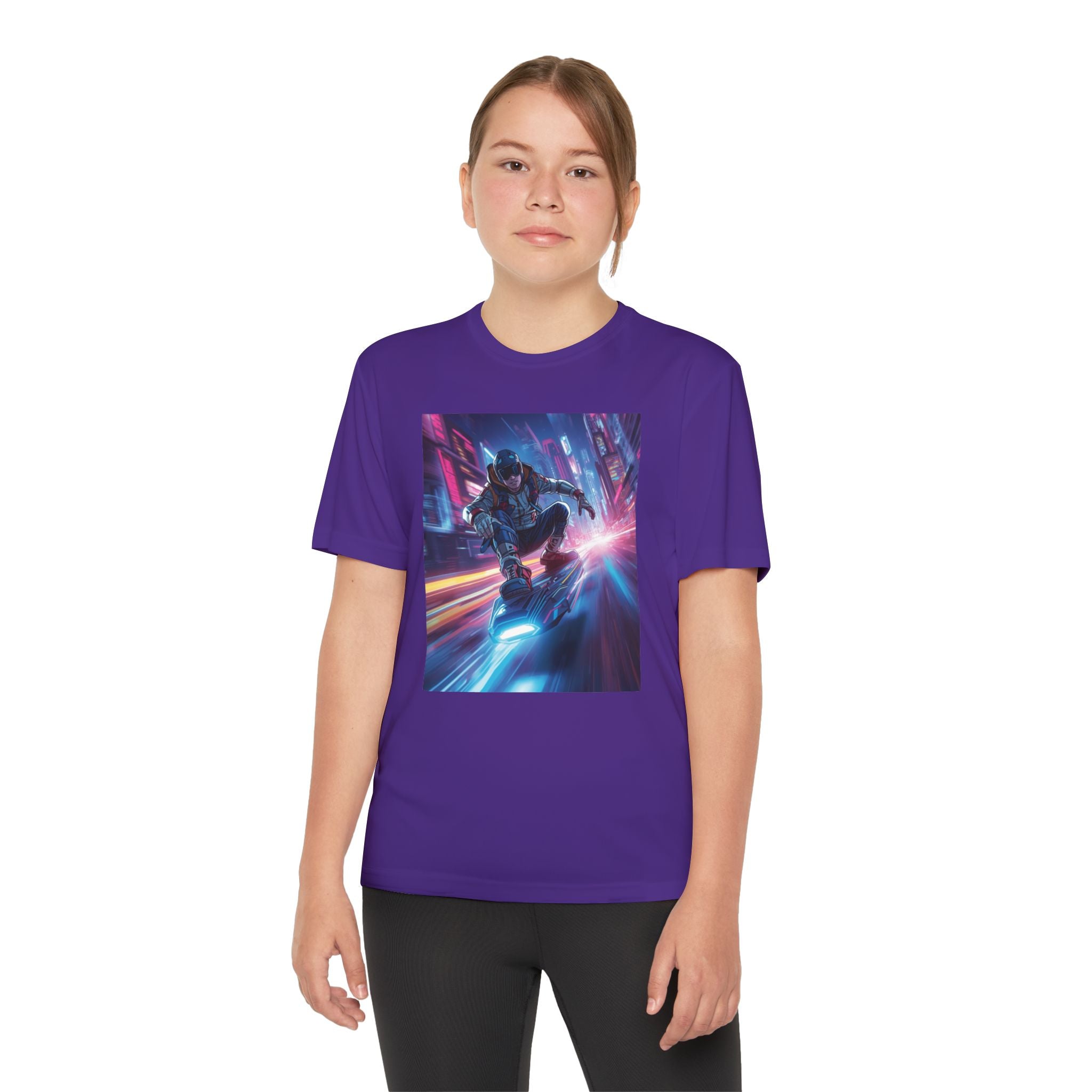 Cyber Skateboarder Youth Tee | Neon Futuristic Skate Art