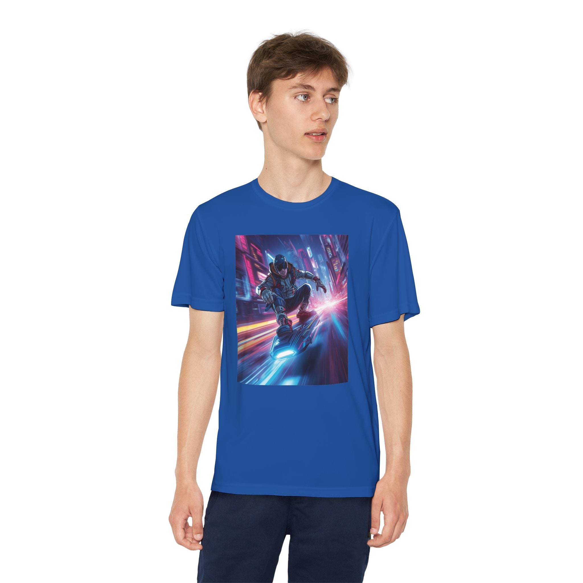 Cyber Skateboarder Youth Tee | Neon Futuristic Skate Art
