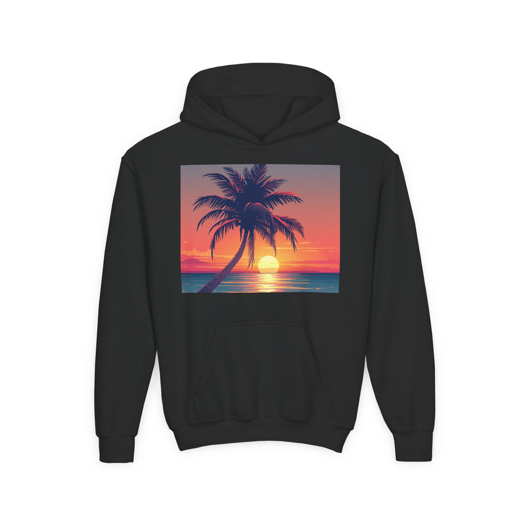 Youth Palm Sunset Hoodie — Tropical Beach Sunset Graphic Hoodie