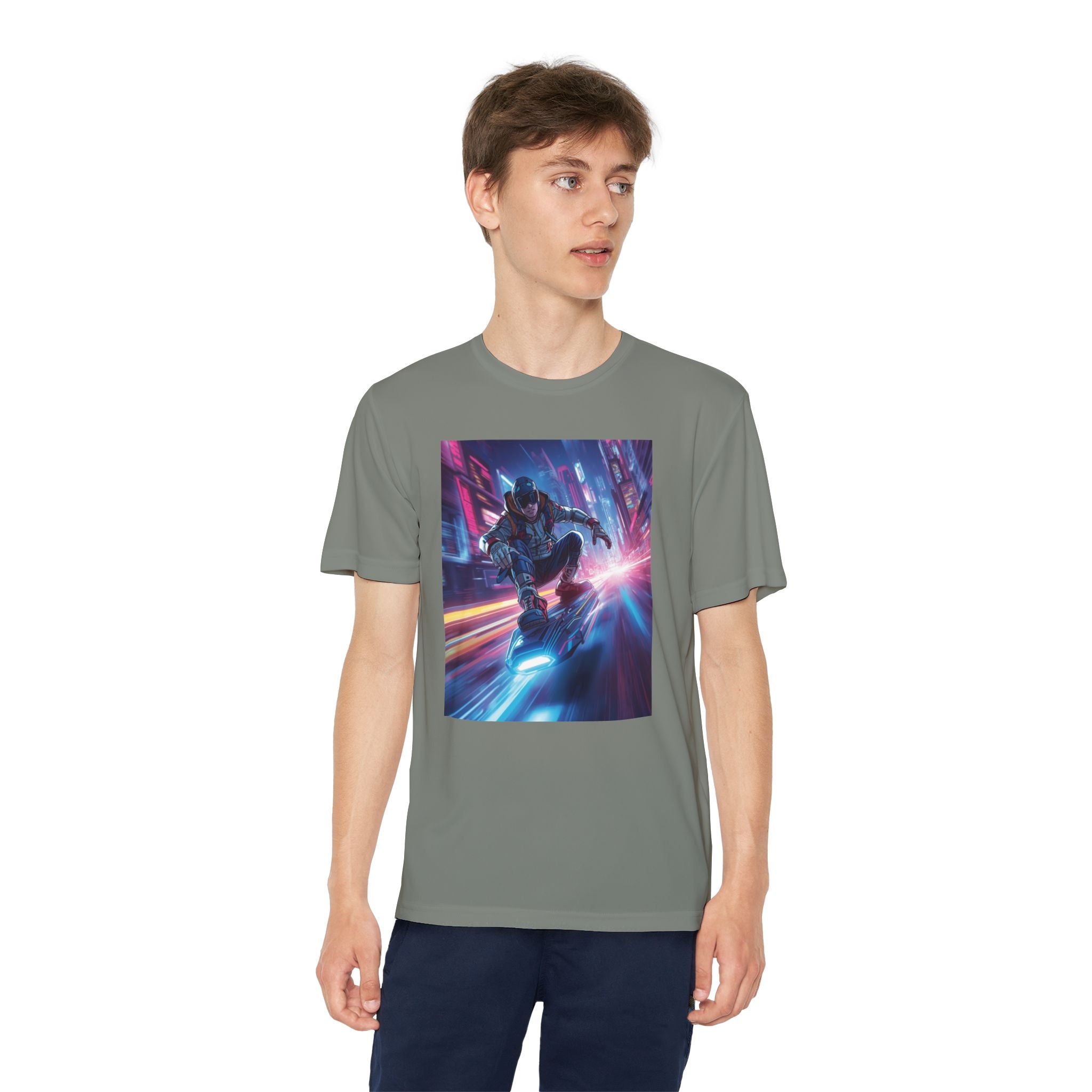 Cyber Skateboarder Youth Tee | Neon Futuristic Skate Art