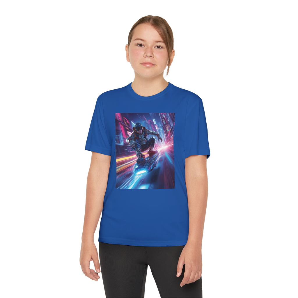 Cyber Skateboarder Youth Tee | Neon Futuristic Skate Art