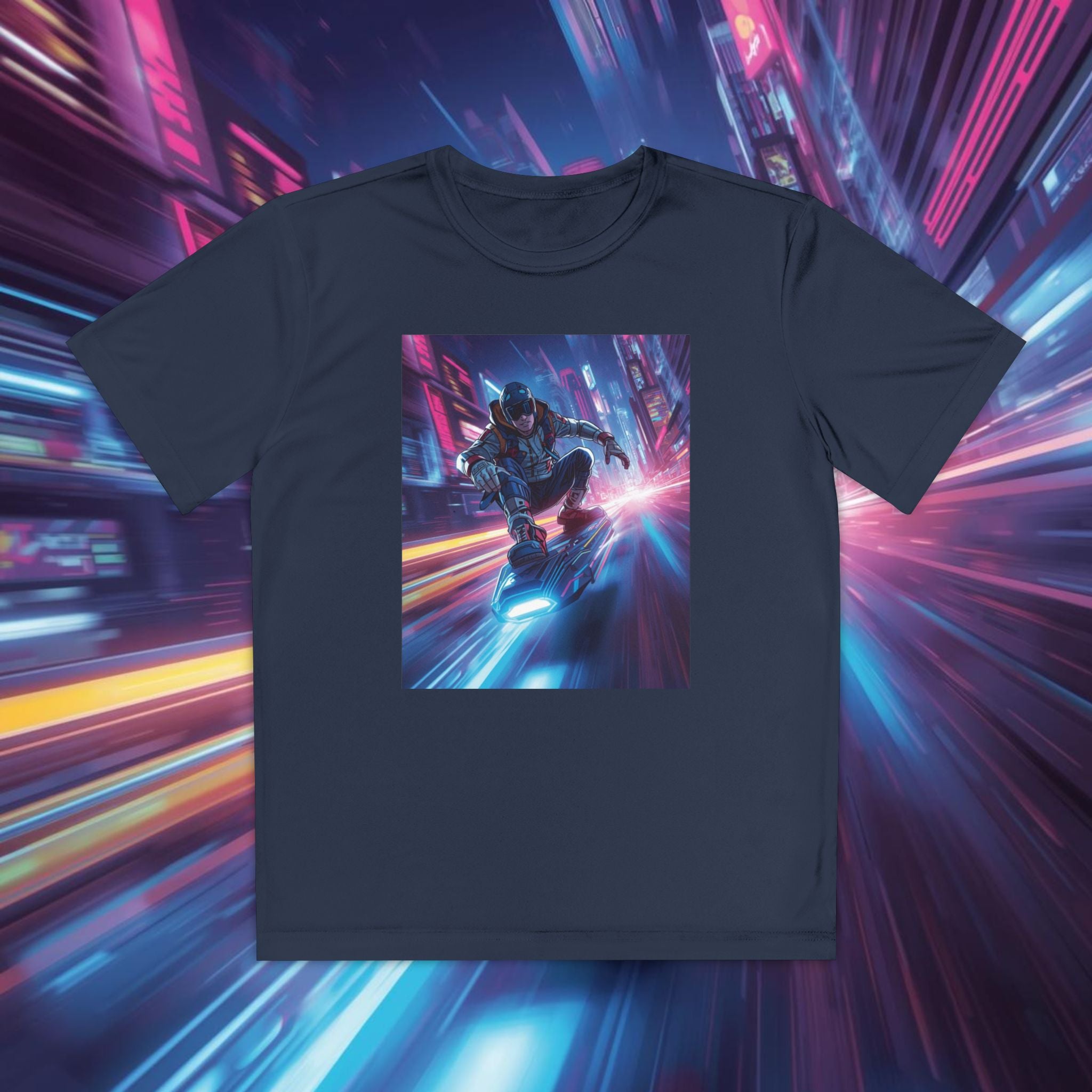 Cyber Skateboarder Youth Tee | Neon Futuristic Skate Art