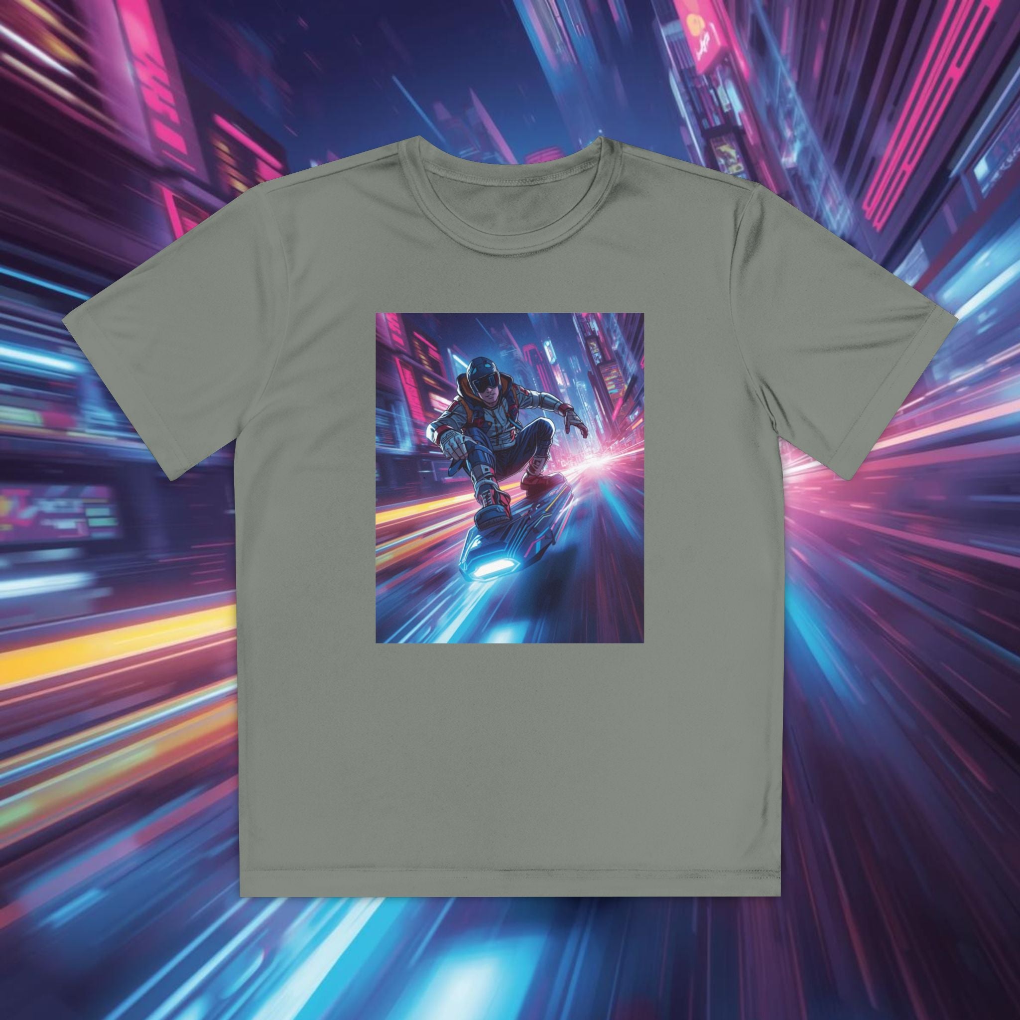 Cyber Skateboarder Youth Tee | Neon Futuristic Skate Art